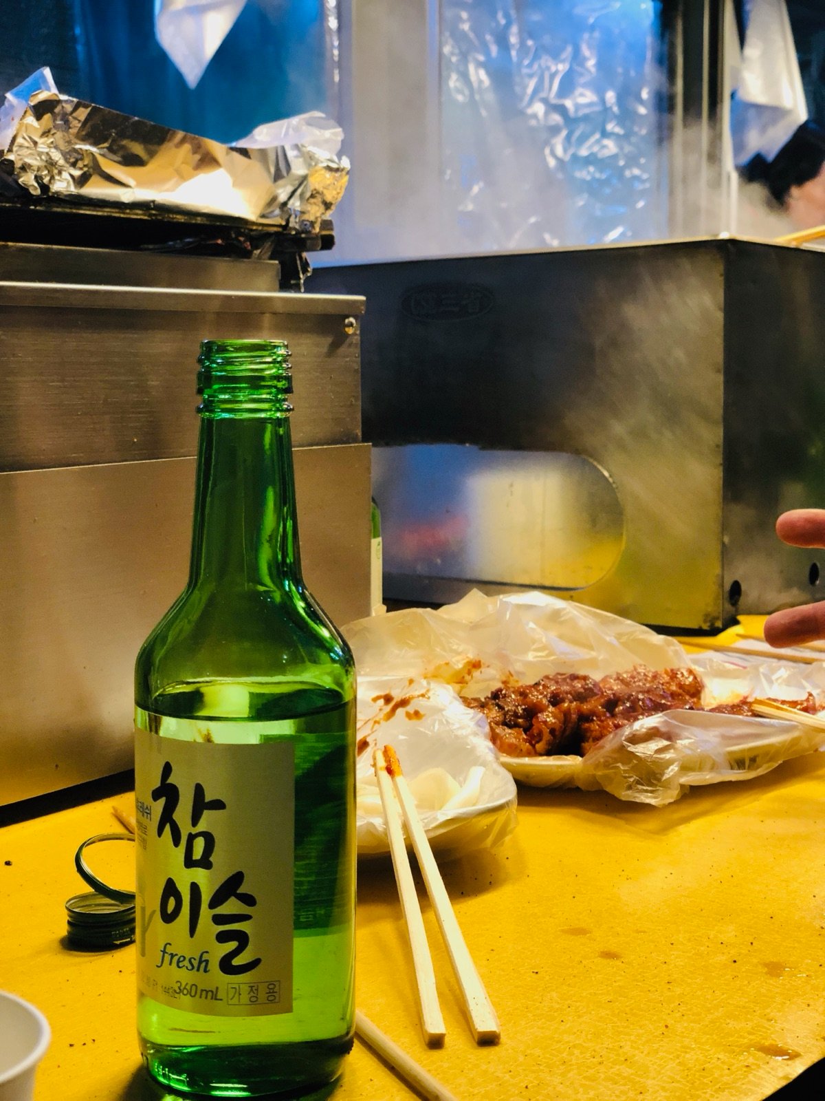 Chamisul Fresh soju at a night street grill in Korea