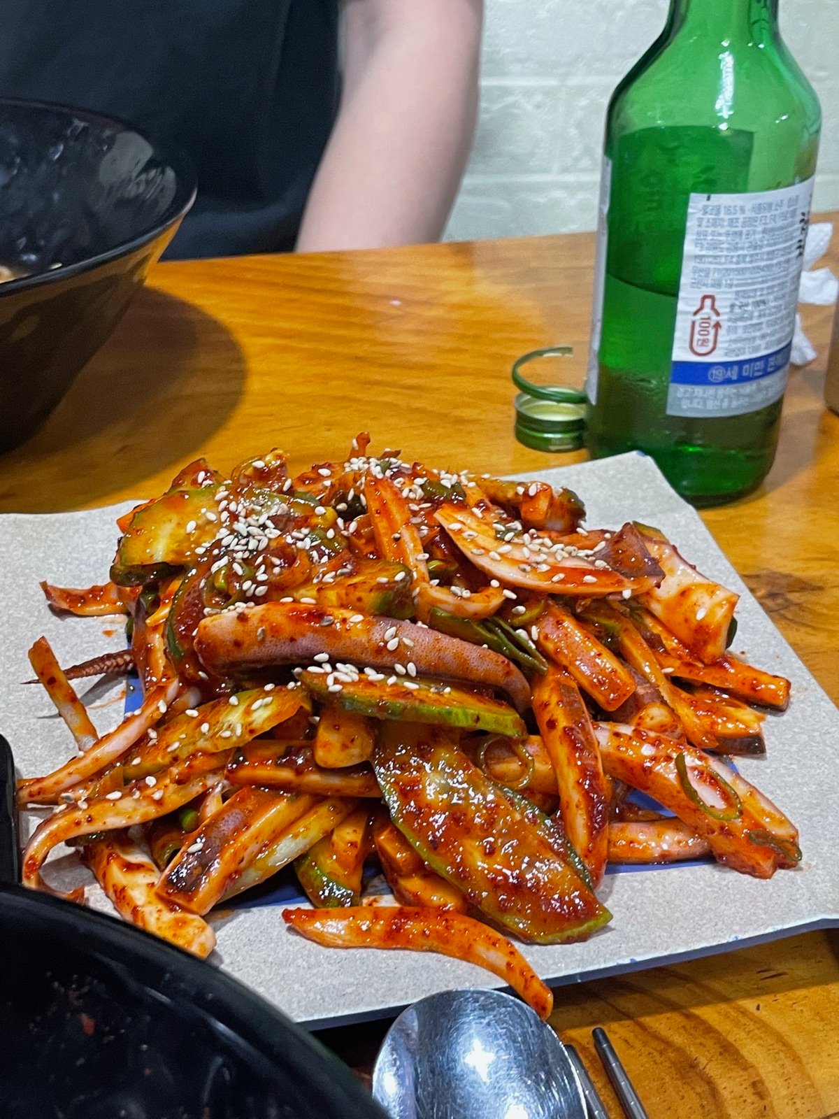 Ojingeo-muchim, squid in a sweet and spicy gochujang sauce, served as anju with soju