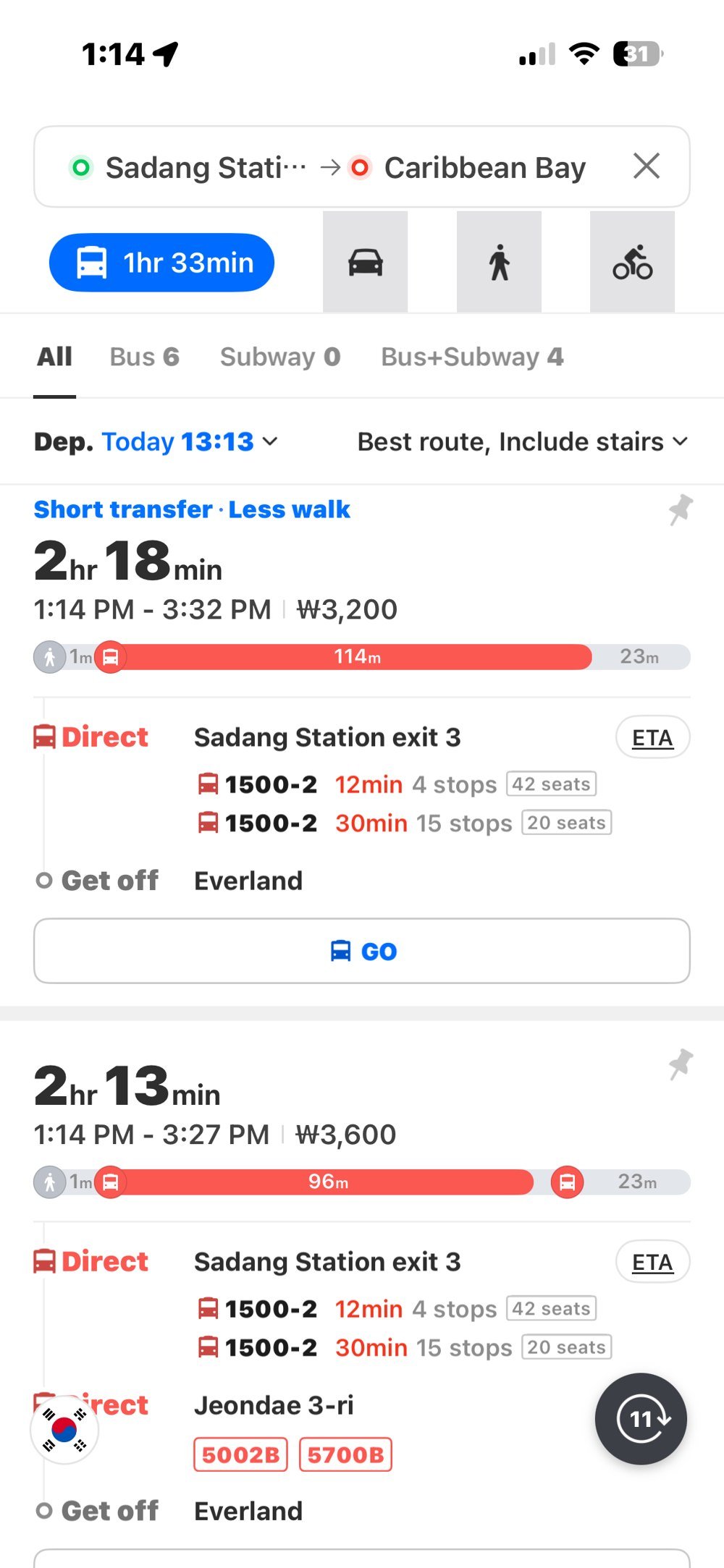 Naver Map route from Sadang Station to Everland on bus 1500-2