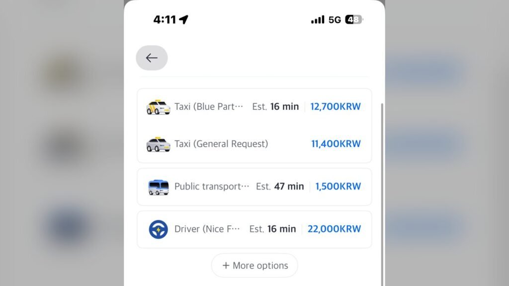 Kakao T ride options with fare estimates — General taxi vs Blue taxi in Korea