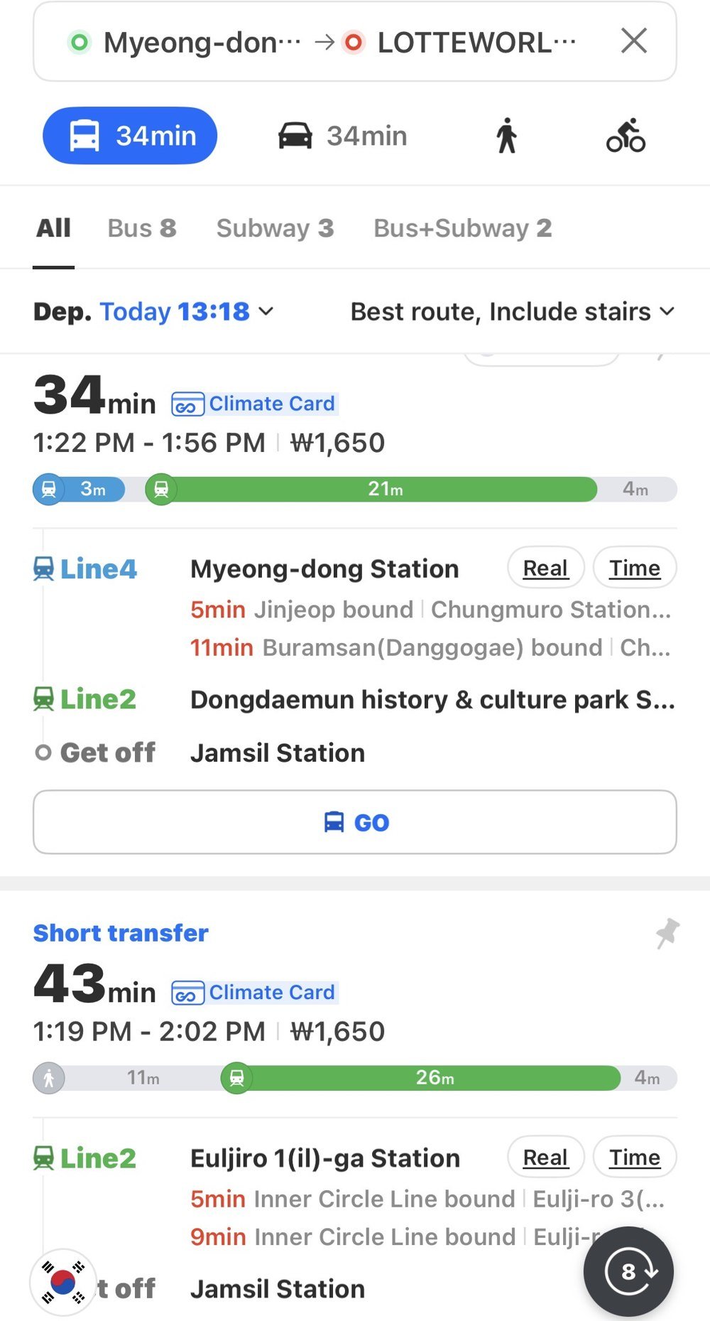 Naver Map subway route from Myeongdong to Lotte World at Jamsil, about 34 minutes