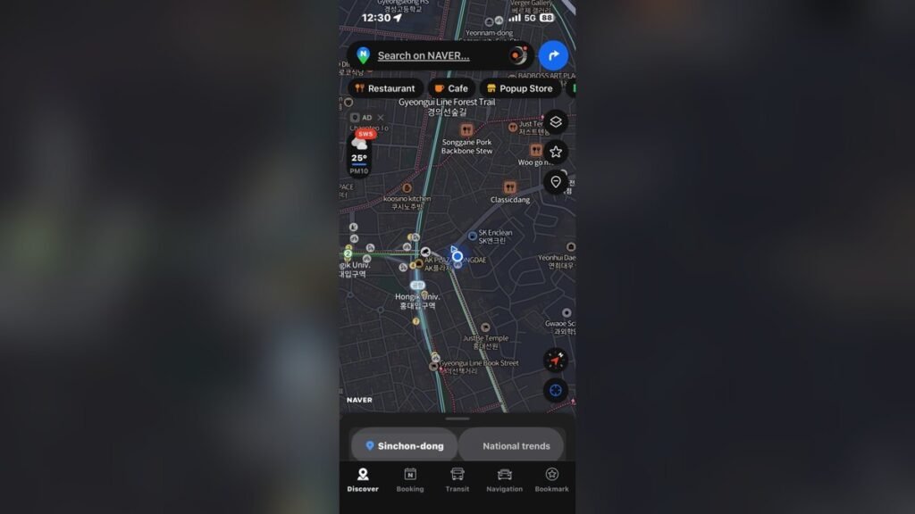 Naver Map open in English showing central Seoul