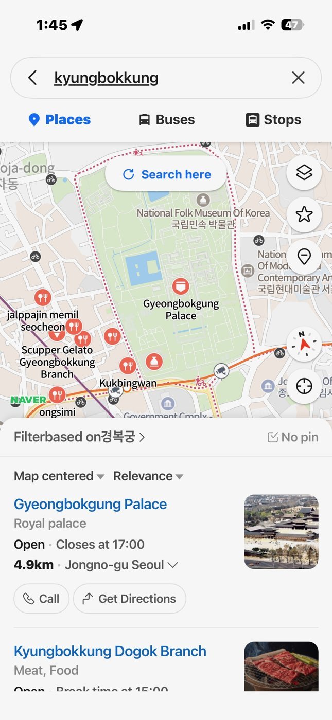A Naver Map place card showing opening hours and photos