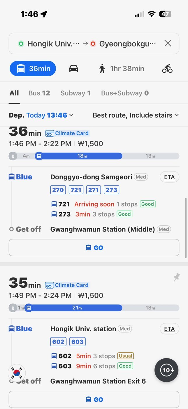 Real-time bus arrivals on Naver Map