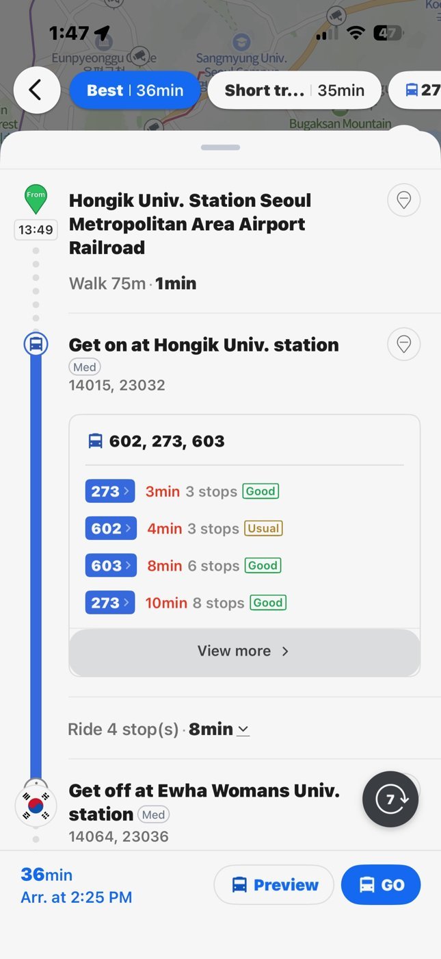 Step-by-step transit directions on Naver Map
