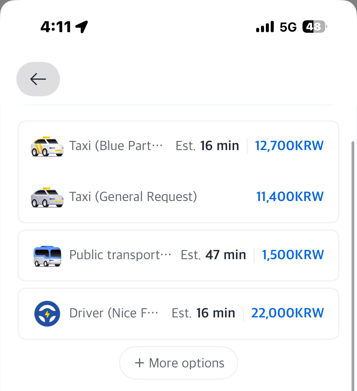 Kakao T ride options with fare estimates: General taxi vs Blue taxi in Korea