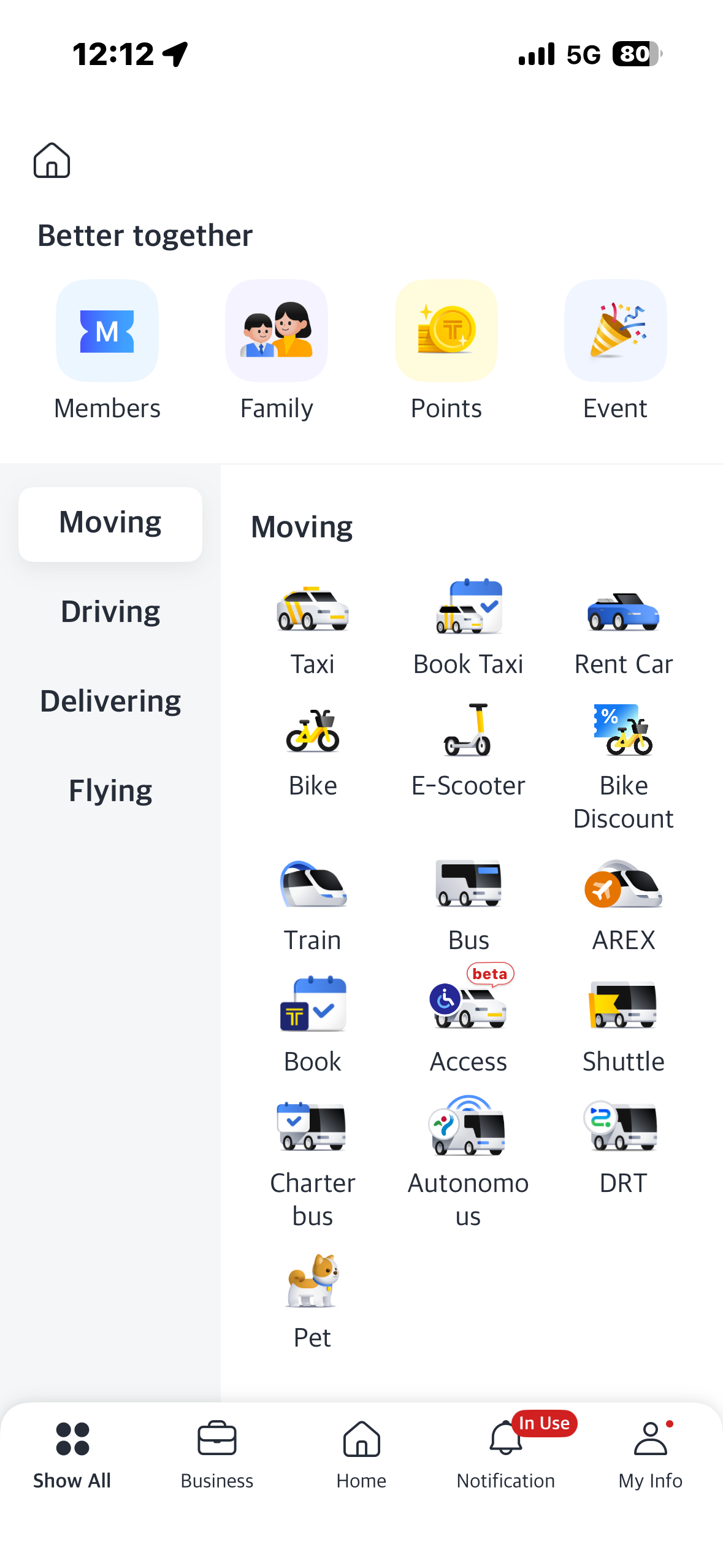 Kakao T app menu showing Taxi, bus, train and AREX options in English